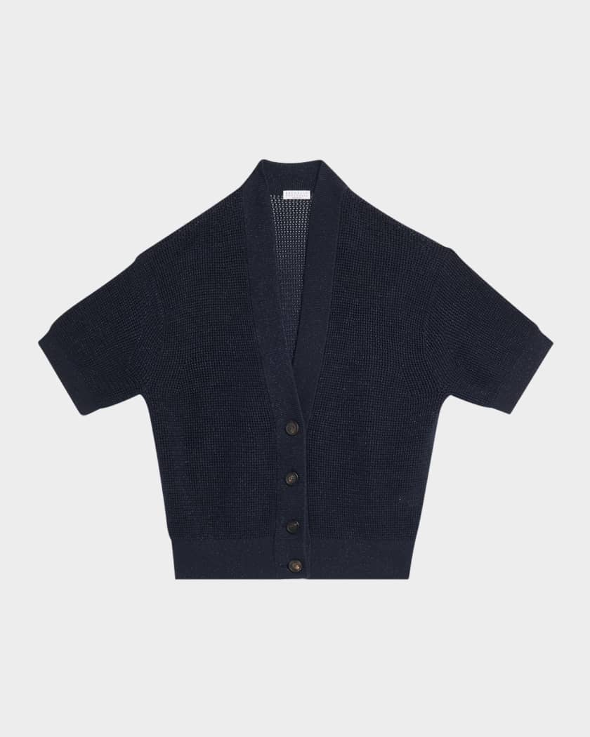 Brunello Cucinelli Shimmering Diamond Knit Short-Sleeve Cardigan