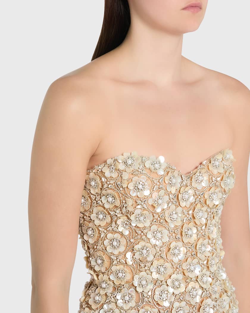 Oscar de la Renta Sweetheart Strapless Pearly Embroidered Column