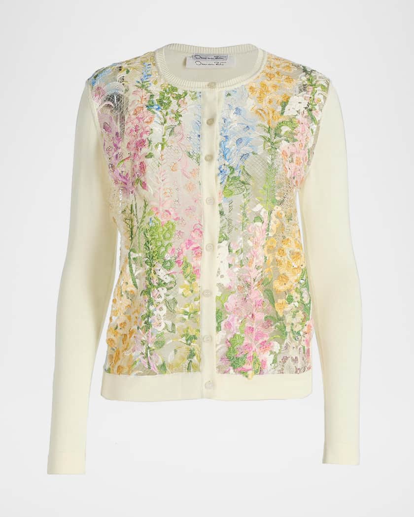 Oscar de la Renta Printed Foxgloves Lace Insert Cardigan | Neiman