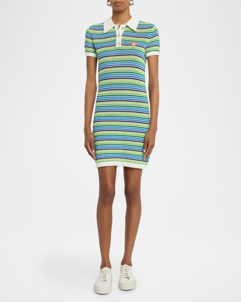 CASABLANCA Striped Crochet Short-Sleeve Mini Polo Dress | Neiman