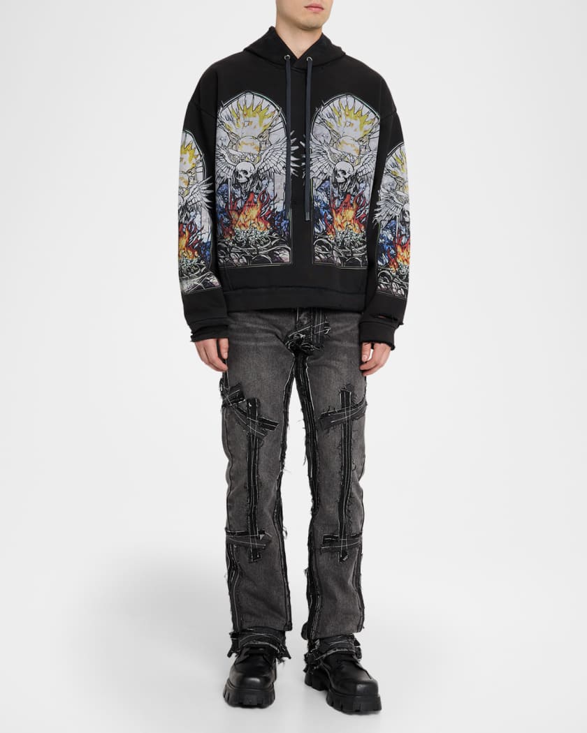 Men's Skull Hooded Pullover in Distressed Cotton