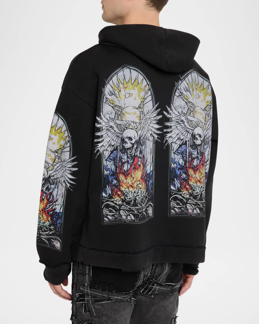 Men's Skull Hooded Pullover in Distressed Cotton