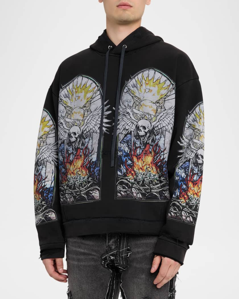 Men's Skull Hooded Pullover in Distressed Cotton