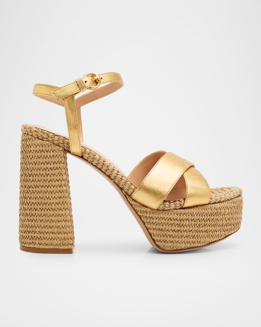 Gianvito Rossi 70mm Bebe Metallic Leather and Raffia Platform