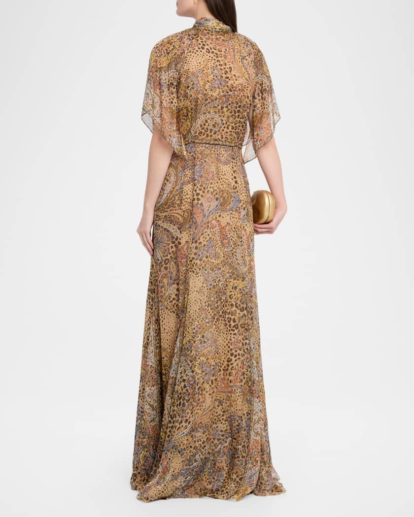 Etro Paisley Animal-Print Silk Chiffon Neck-Scarf Maxi Dress | Neiman Marcus