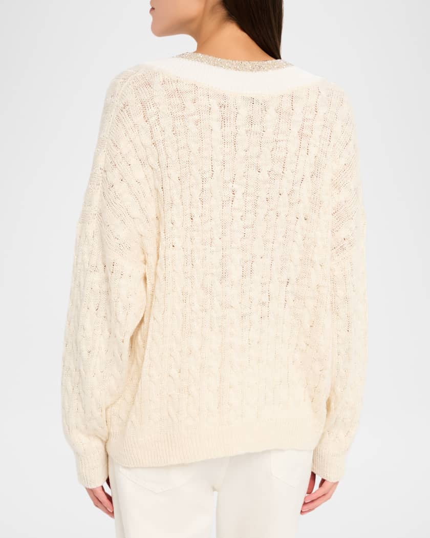 Brunello Cucinelli Oversized Sequin Cable-Knit Sweater | Neiman Marcus