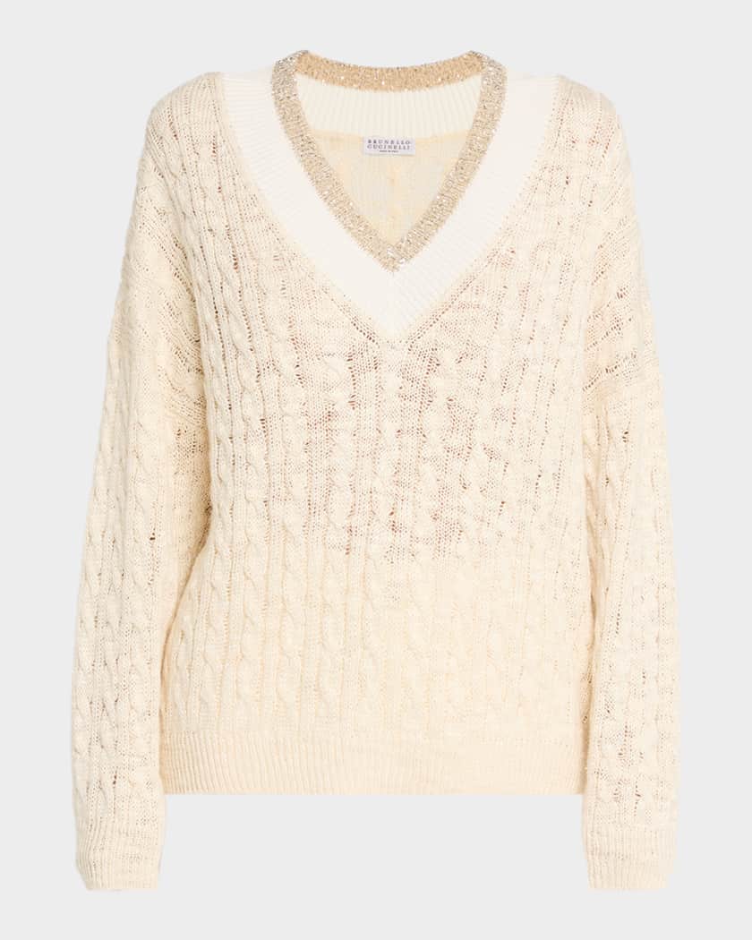 Brunello Cucinelli Oversized Sequin Cable-Knit Sweater | Neiman Marcus