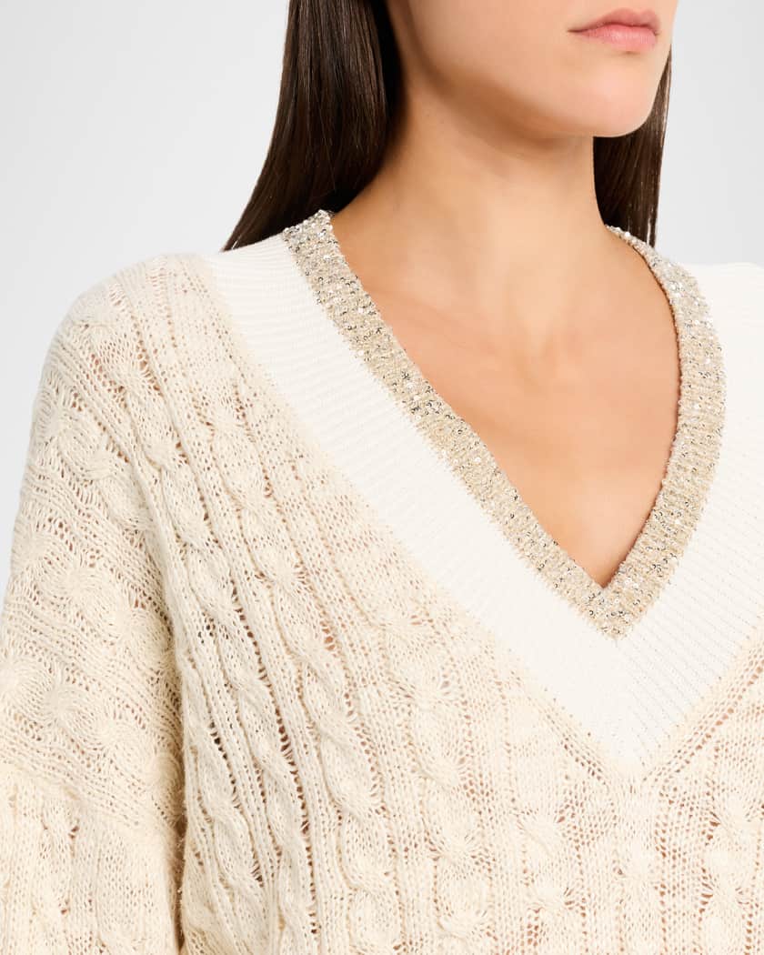 Brunello Cucinelli Oversized Sequin Cable-Knit Sweater | Neiman Marcus
