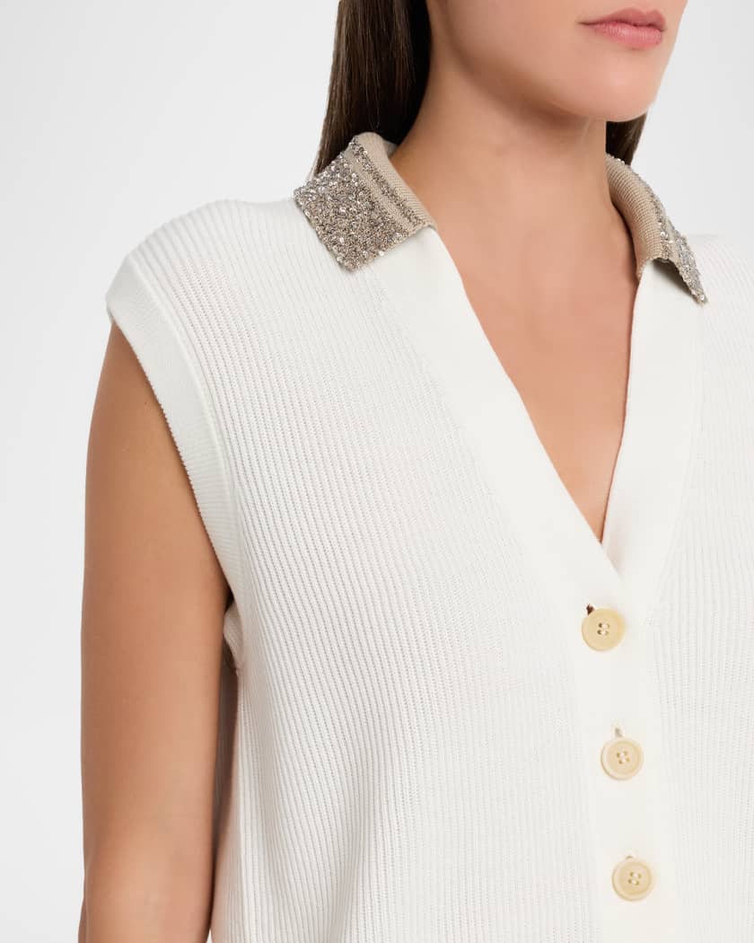 Brunello Cucinelli Paillette-Collar Rib Knit Vest | Neiman Marcus