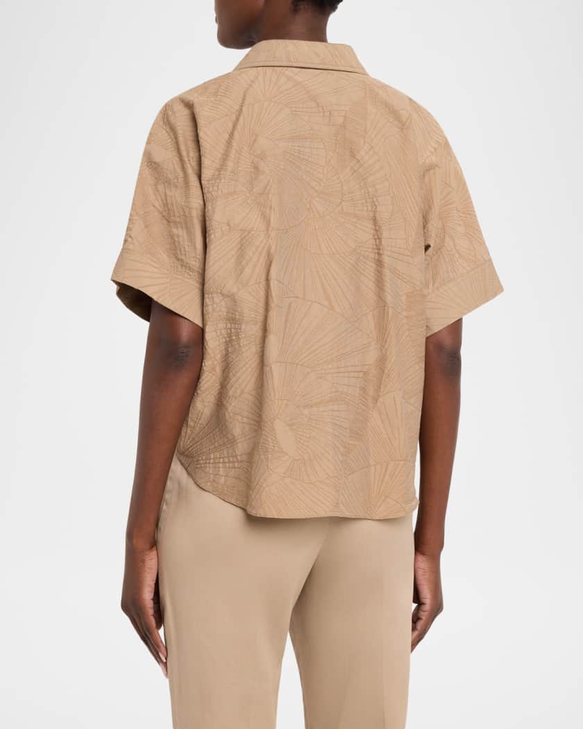 Brunello Cucinelli Floral Jacquard Poplin Gathered Short-Sleeve