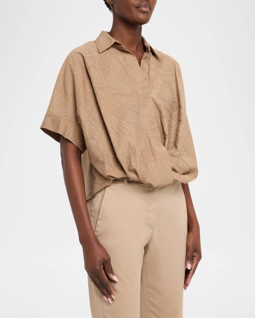 Brunello Cucinelli Floral Jacquard Poplin Gathered Short-Sleeve