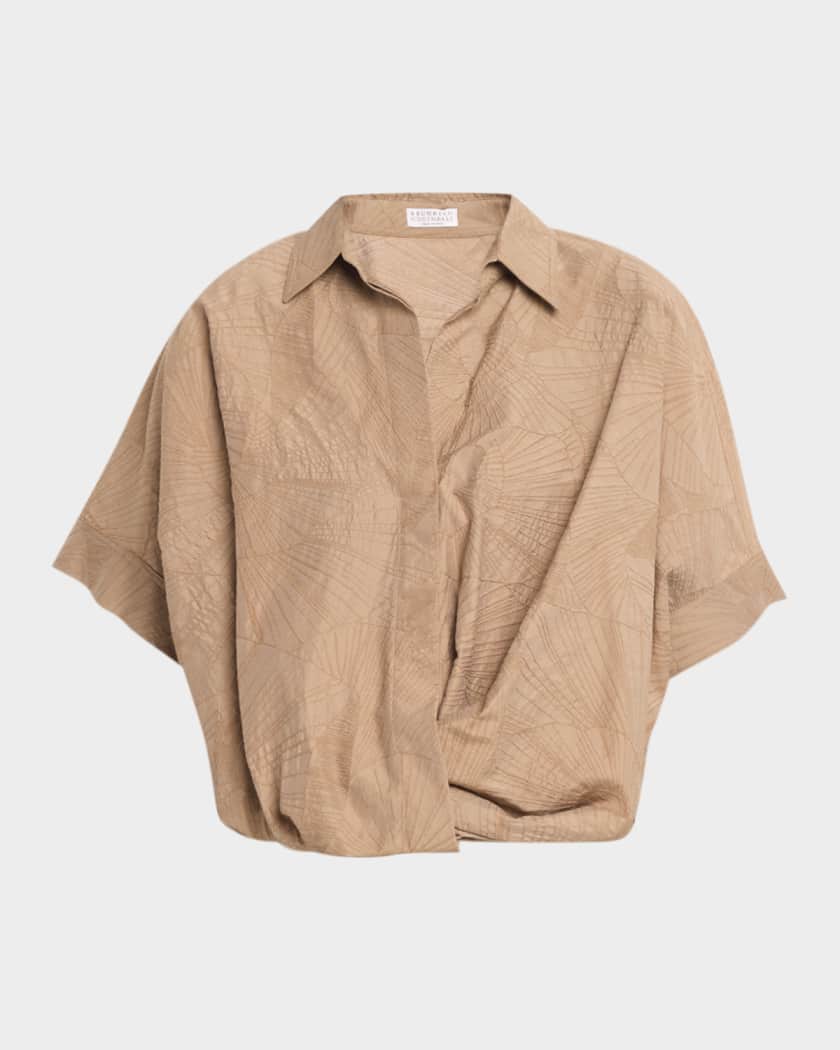 Brunello Cucinelli Floral Jacquard Poplin Gathered Short-Sleeve