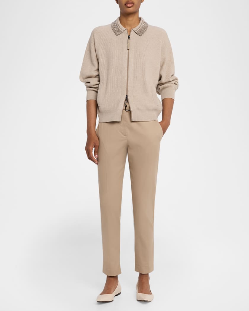 Brunello Cucinelli Wool-Cashmere Rib Shimmering-Collar Zip