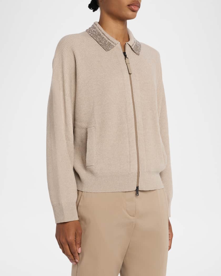 Brunello Cucinelli Wool-Cashmere Rib Shimmering-Collar Zip
