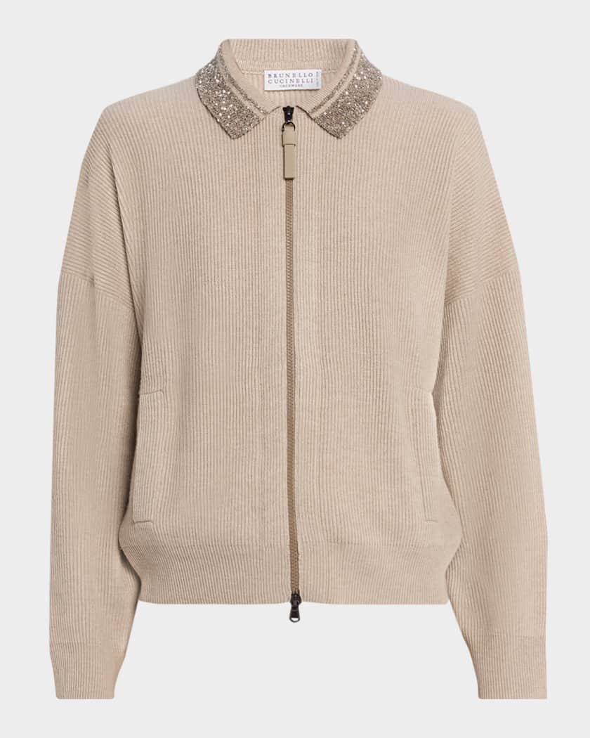 Brunello Cucinelli Wool-Cashmere Rib Shimmering-Collar Zip