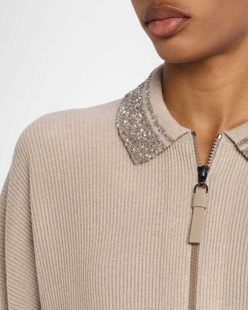 Brunello Cucinelli Wool-Cashmere Rib Shimmering-Collar Zip