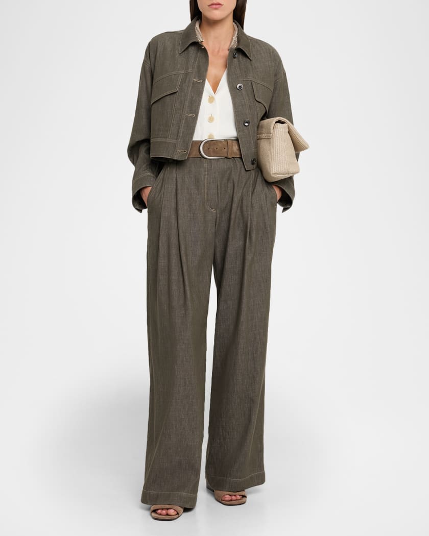 【BRUNELLO CUCINELLI】イタリア デニムワイドパンツ モニーレ Brunello Cucinelli Denim-Effect Linen Wide-Leg Jeans | Neiman Marcus