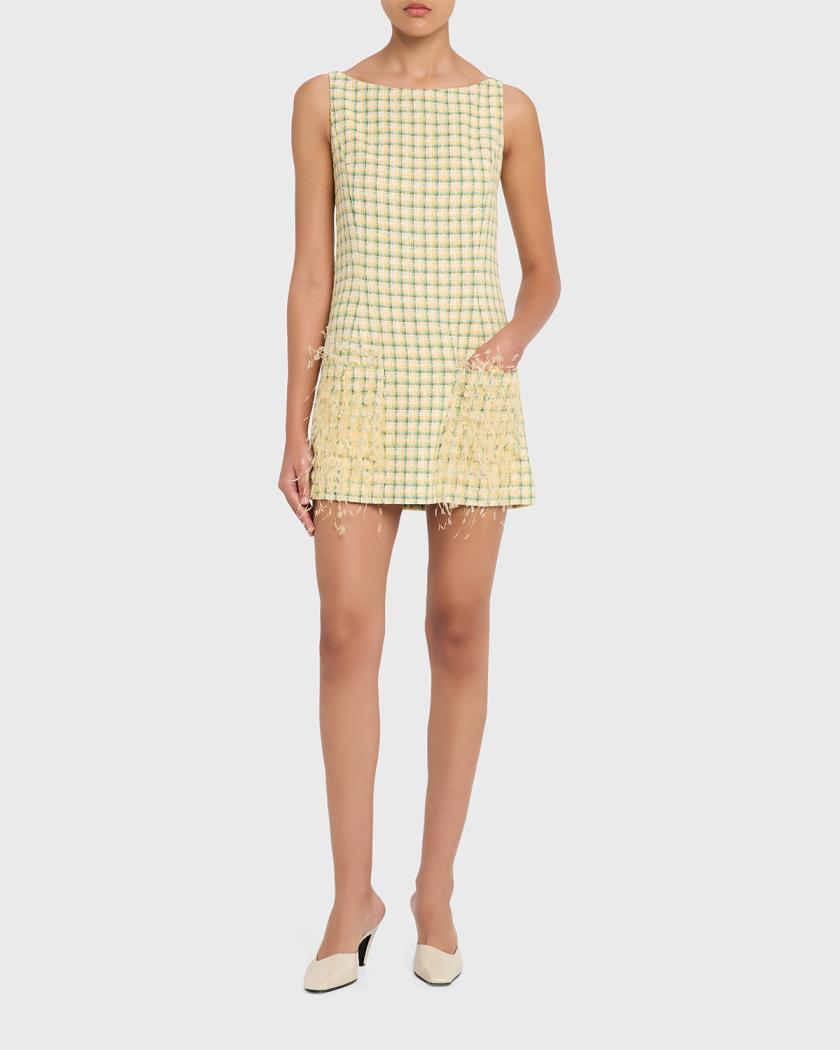 Oscar de la Renta Embellished-Pocket Check Tweed Sleeveless Mini