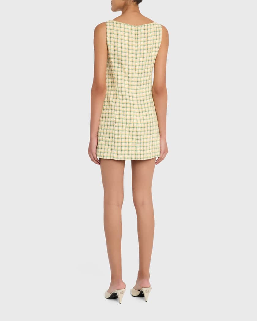 Oscar de la Renta Embellished-Pocket Check Tweed Sleeveless Mini