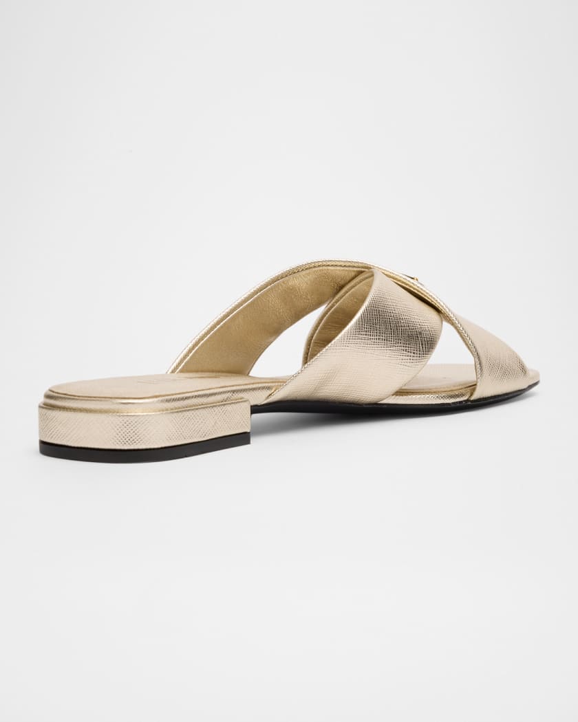 Prada 35mm Triangle Logo Metallic Leather Mule Sandals | Neiman Marcus