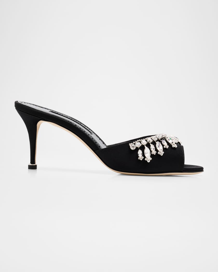 MANOLO BLAHNIK ブラックサテンミュール Manolo Blahnik 50mm Tulimu Embellished Satin Mules | Neiman Marcus