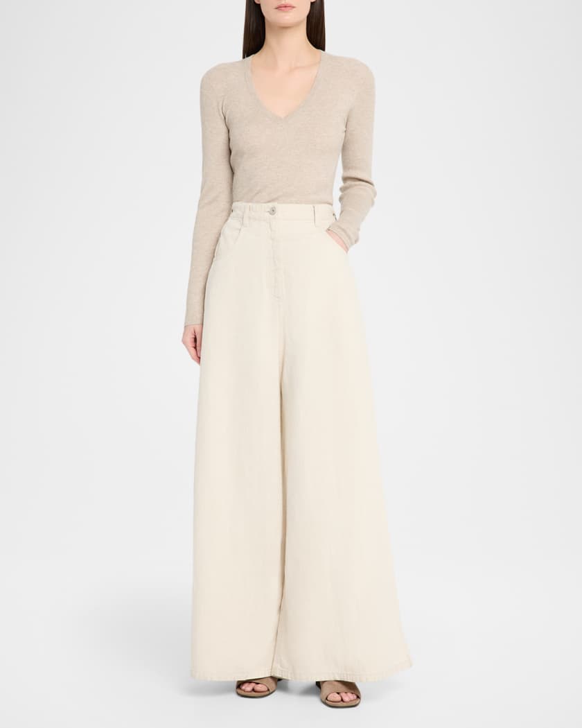 Brunello Cucinelli Metallic Cashmere Stretch Rib V-Neck Sweater