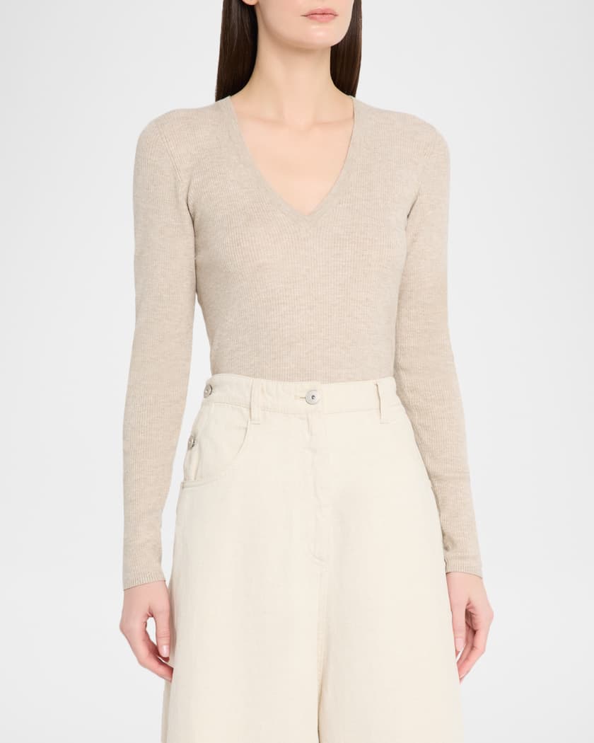 Brunello Cucinelli Metallic Cashmere Stretch Rib V-Neck Sweater