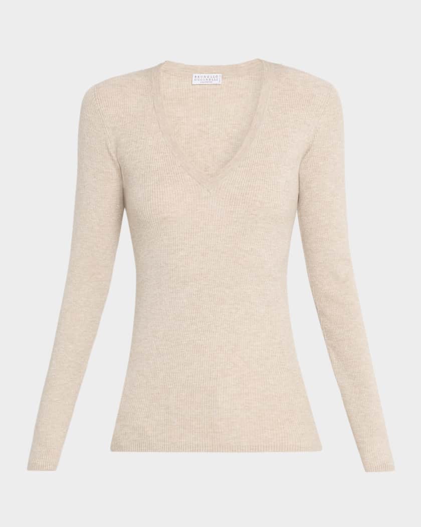 BRUNELLO CUCINELLI カシミヤ Vネックニット Mシルクトップス Brunello Cucinelli Metallic Cashmere Stretch Rib V-Neck Sweater