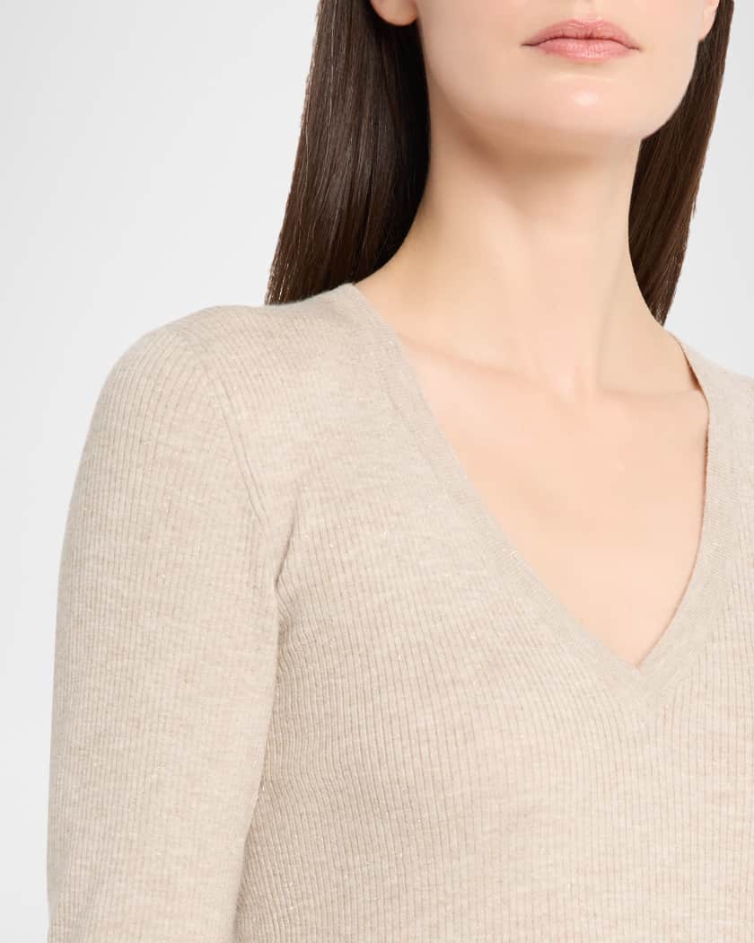 Brunello Cucinelli Metallic Cashmere Stretch Rib V-Neck Sweater