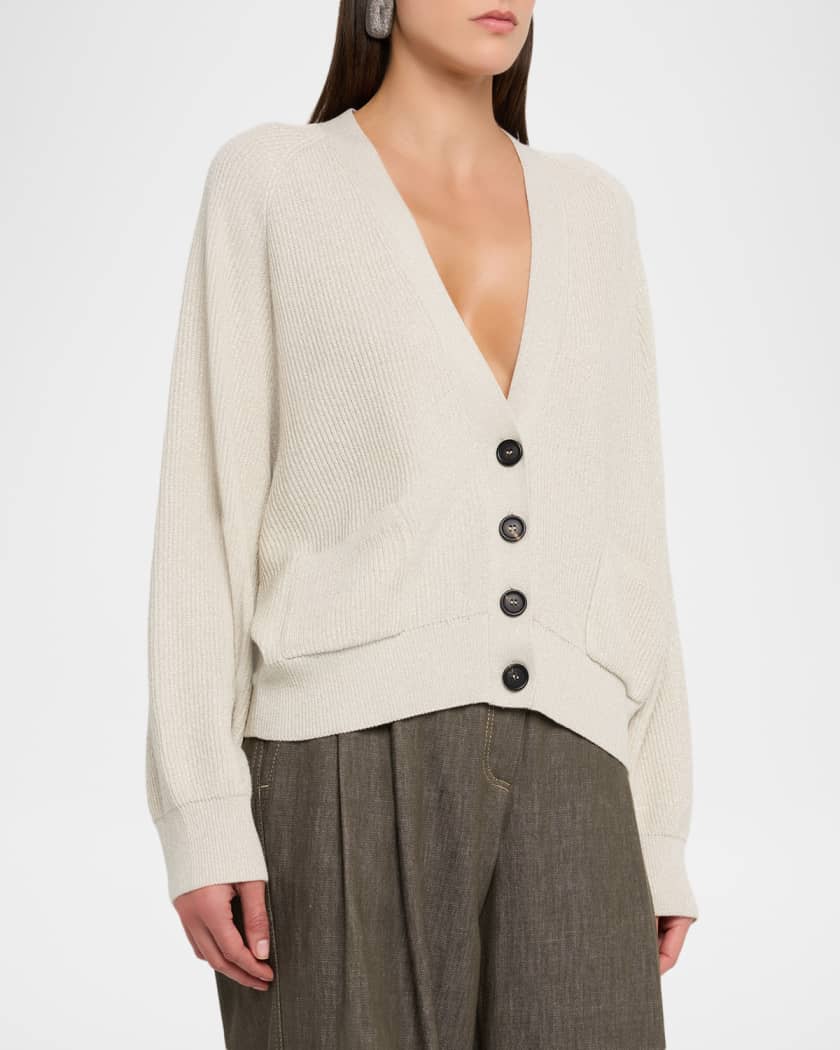 Brunello Cucinelli Sparkling Wool Rib V-Neck Cardigan | Neiman Marcus
