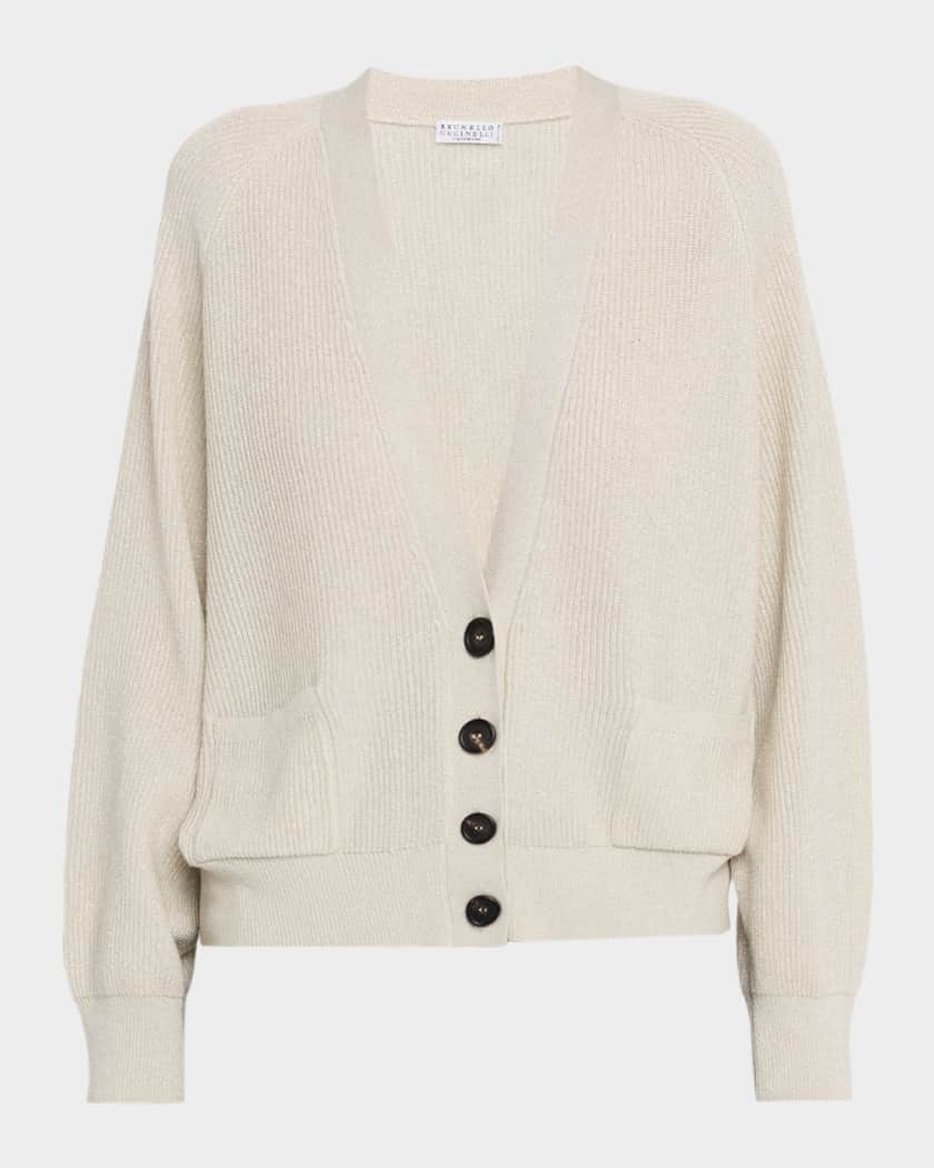Brunello Cucinelli Sparkling Wool Rib V-Neck Cardigan | Neiman Marcus