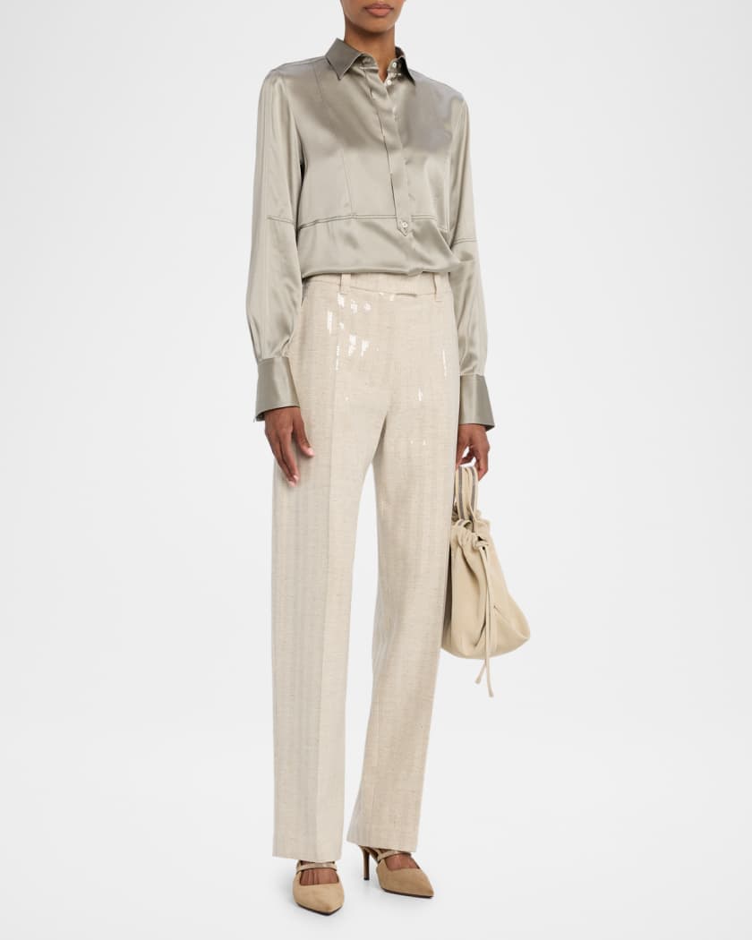 Brunello Cucinelli Stretch Satin Button-Down Shirt With Monili