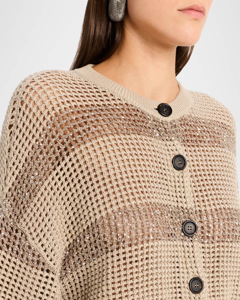 Brunello Cucinelli Paillette Striped Open-Knit Short-Sleeve