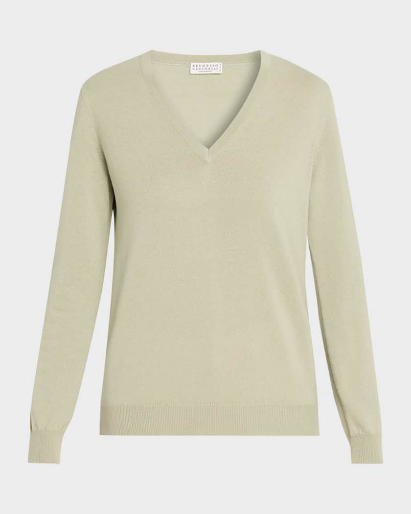 BRUNELLO CUCINELLI カシミヤ Vネックニット Mシルクトップス Brunello Cucinelli Monili-Trim V-Neck Cashmere Sweater | Neiman Marcus