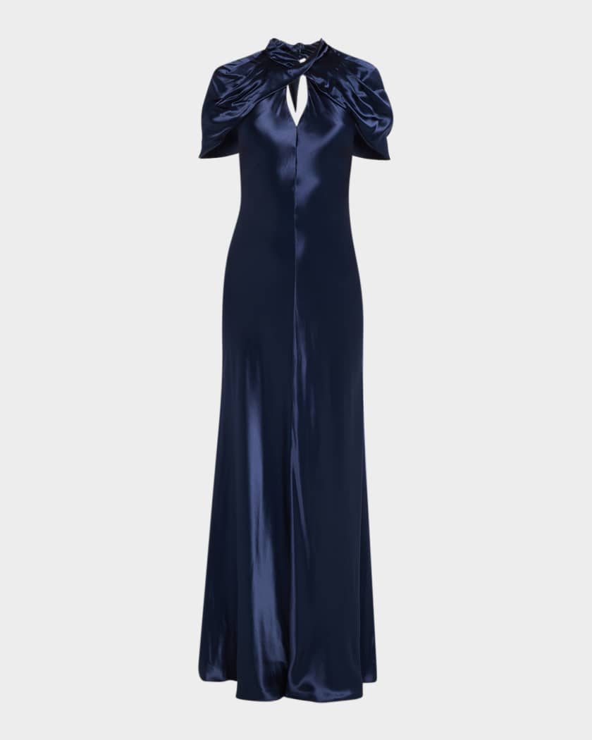 Alberta Ferretti Twisted Capelet Satin Maxi Dress, Blue, Women's, 40, Cocktail & Party Wedding Guest Dresses Satin & Silk Dresses