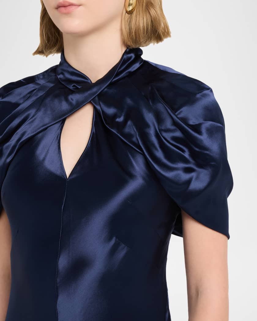 Alberta Ferretti Twisted Capelet Satin Maxi Dress, Blue, Women's, 40, Cocktail & Party Wedding Guest Dresses Satin & Silk Dresses