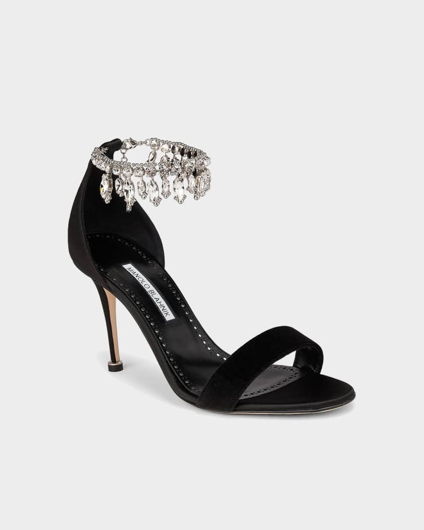 Manolo Blahnik 90mm Tulisan Embellished Satin Sandals | Neiman Marcus
