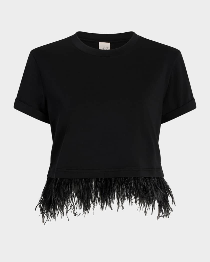 Likely Cropped Feather-Trim Tee | Neiman Marcus