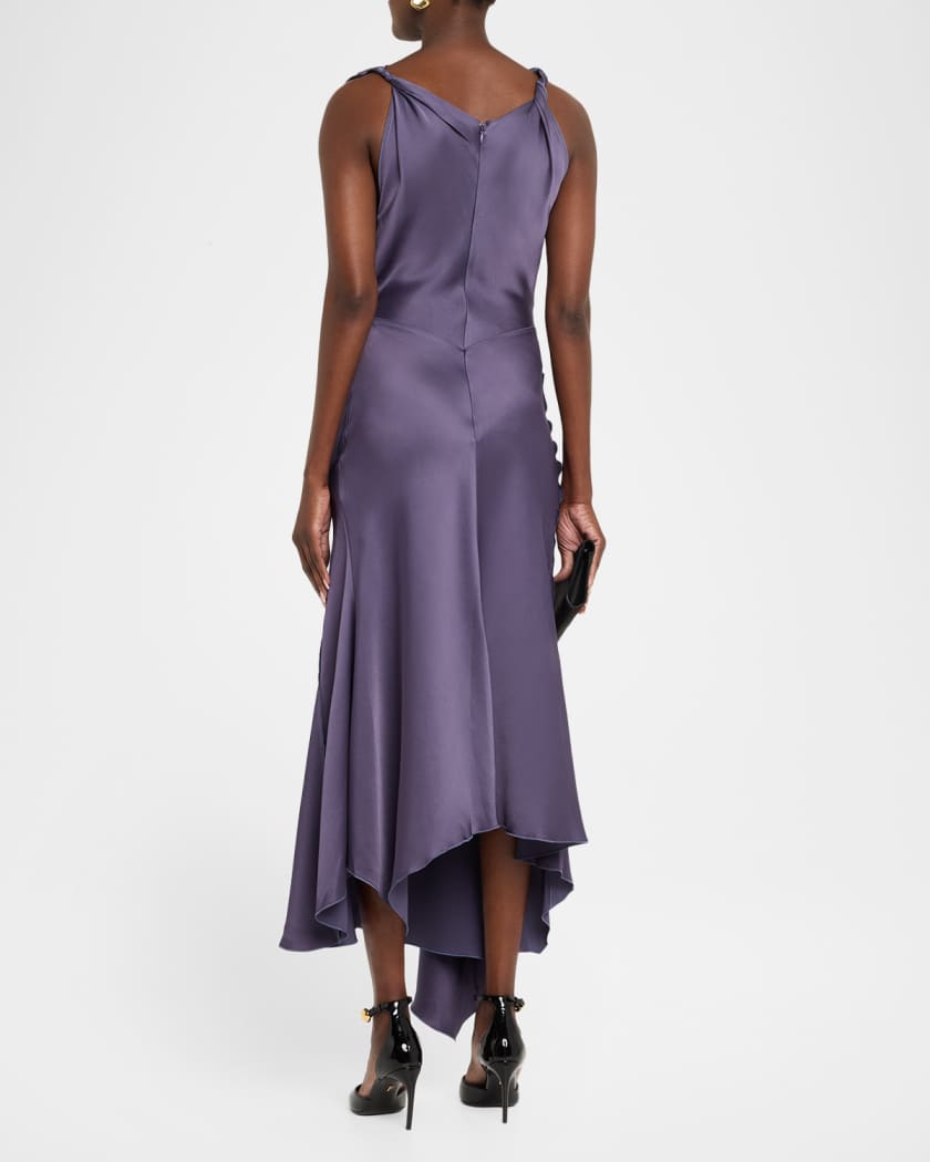 Asymmetric Draped Sleeveless Satin Midi Dress | Neiman Marcus