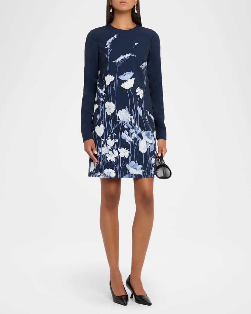 Lela Rose Floral Crepe Long-Sleeve Mini Dress | Neiman Marcus