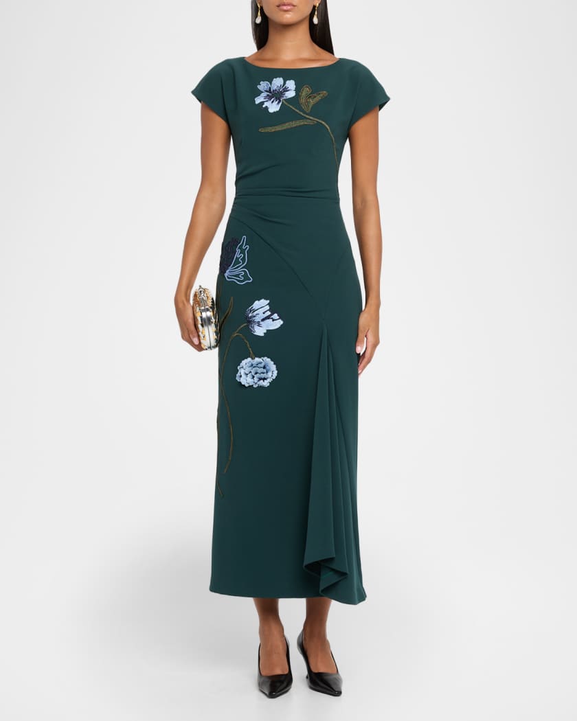 Lela Rose | Floral Cord Embroidered Fluid Crepe Cascade Dress