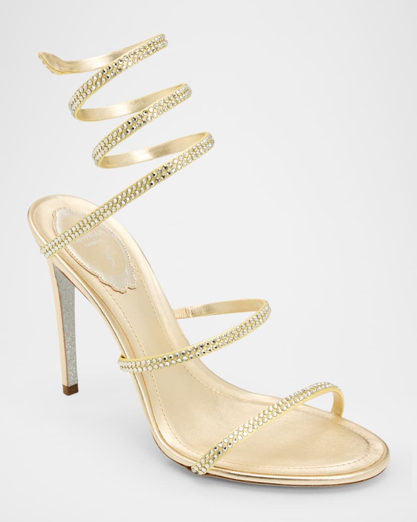 Rene Caovilla 105mm Cleo Crystal Satin Snake-Wrap Sandals | Neiman