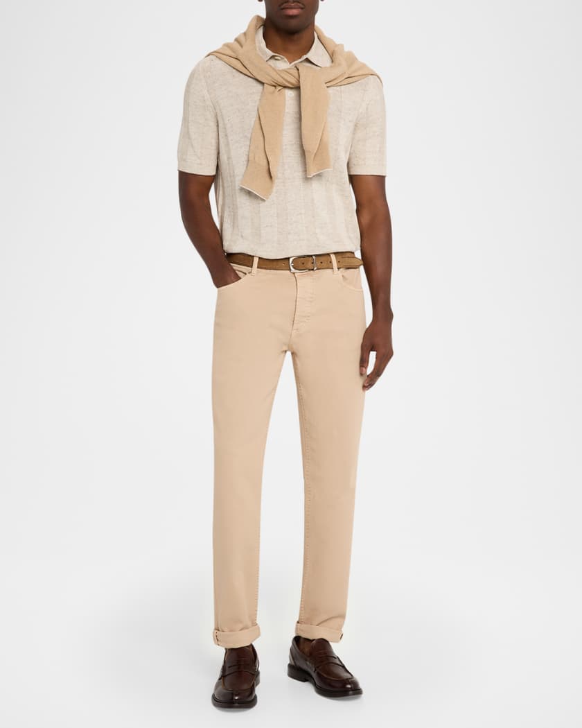 Men's Linen and Cotton Ribbed Short-Sleeve Polo Sweater | Neiman