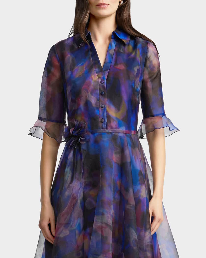 Theia Colette Abstract-Print Organza Midi Shirtdress | Neiman Marcus