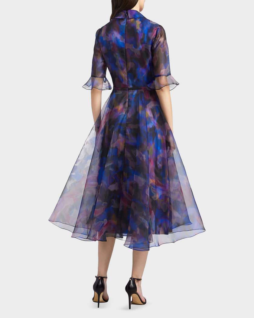 knee length dresses for ladies Midi Dress with Puff Sleeves and Back Bows in Pink – vivere-london main image 0