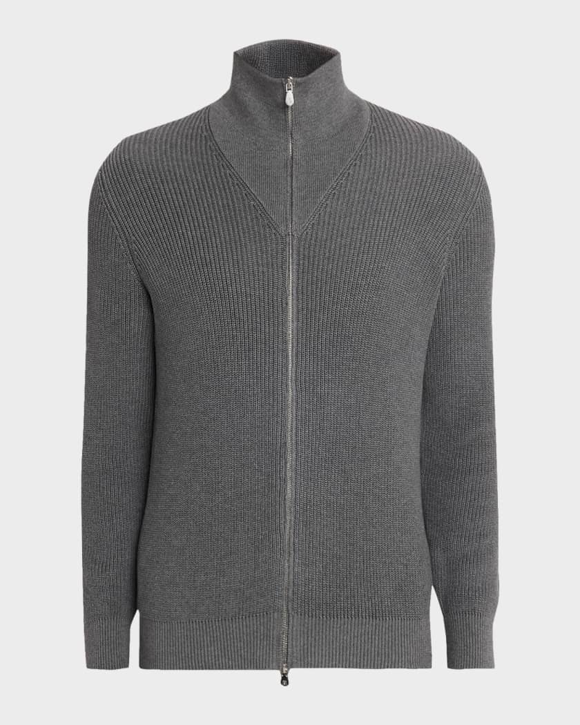 Brunello Cucinelli Men's Cotton Rib High-Neck Zip Cardigan