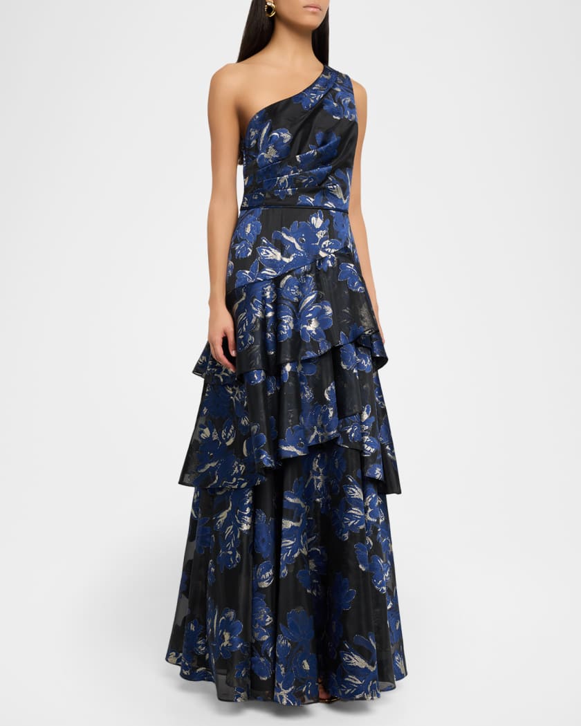 シャトー アントニック 2001 Aidan Mattox Tiered One-Shoulder Floral Jacquard Gown | Neiman Marcus