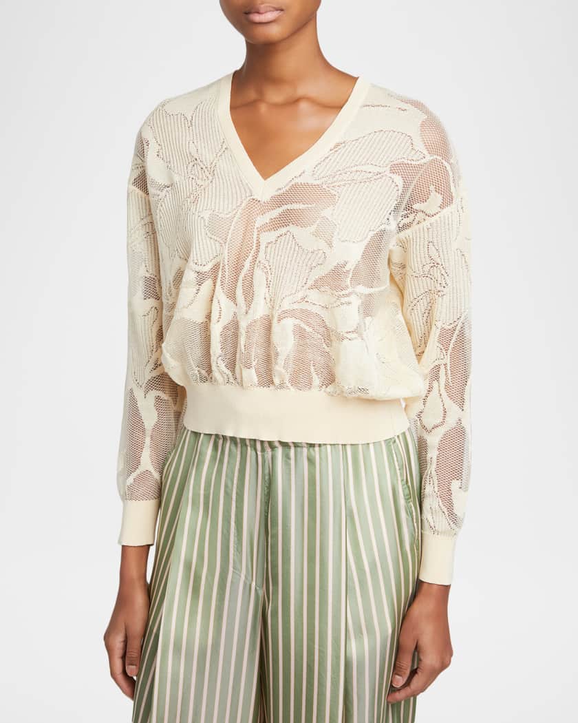 Dries Van Noten Torion Floral Lace Knit V-Neck Sweater | Neiman Marcus