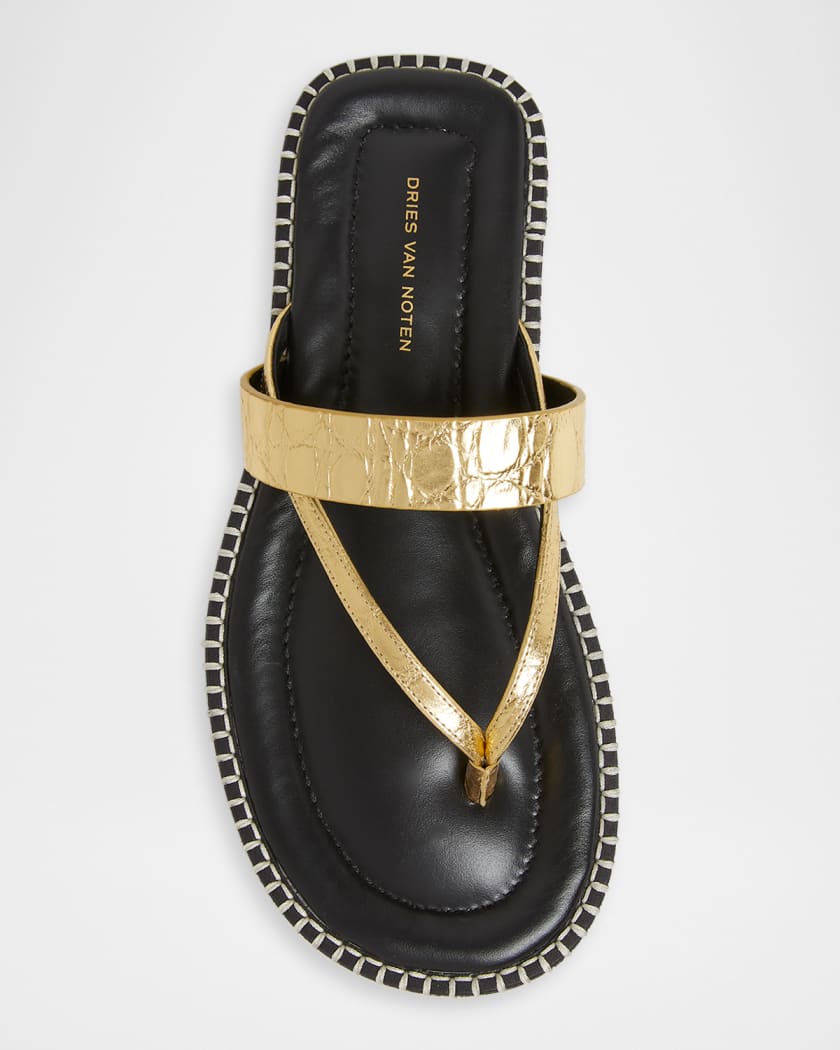 Dries Van Noten Whipstitch Croc-Embossed Metallic Leather Thong