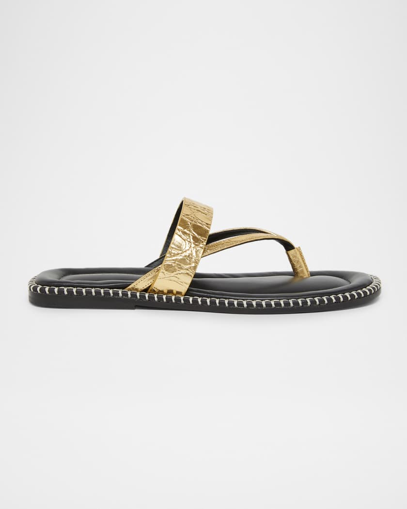 Dries Van Noten Whipstitch Croc-Embossed Metallic Leather Thong